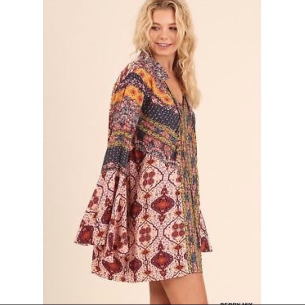 UMGEE Boho Bell Sleeve Multi Print Dress Size Small